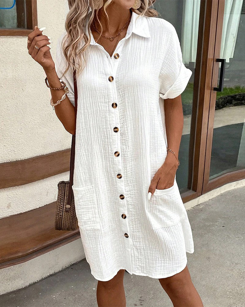 Women's Button Down Polo Style Shirt Dress With Pockets