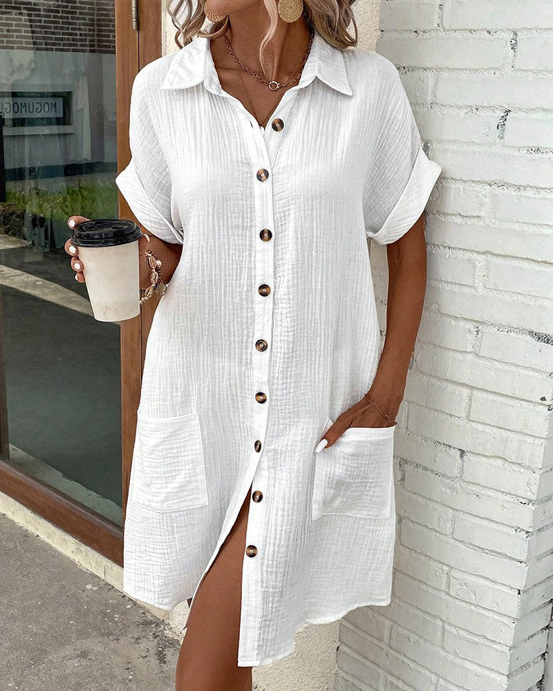 Women's Button Down Polo Style Shirt Dress With Pockets