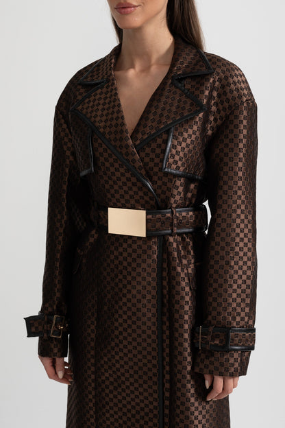 Jacquard Trench Coat With Gold Buckle Waist Belt - Brown