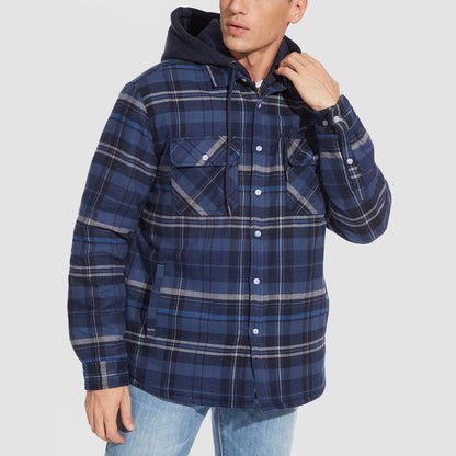 Men's Flannel Jacket with Removable Hood & 5 Pockets