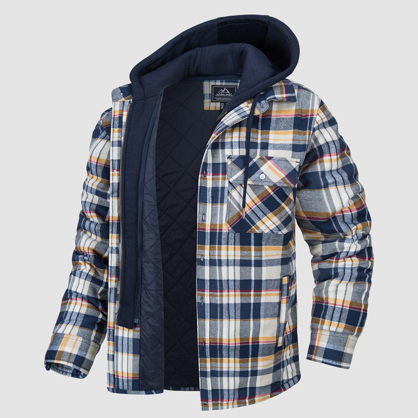 Men's Flannel Jacket with Removable Hood & 5 Pockets