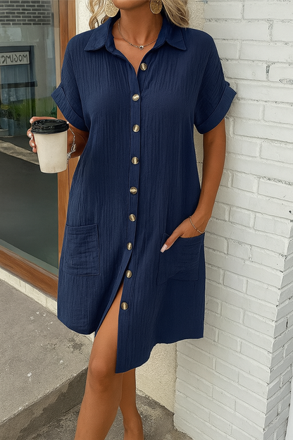 Women's Button Down Polo Style Shirt Dress With Pockets