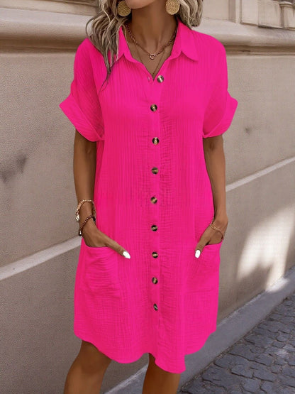 Women's Button Down Polo Style Shirt Dress With Pockets