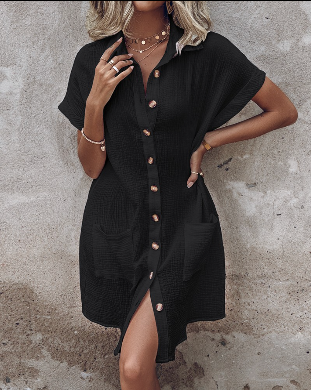 Women's Button Down Polo Style Shirt Dress With Pockets