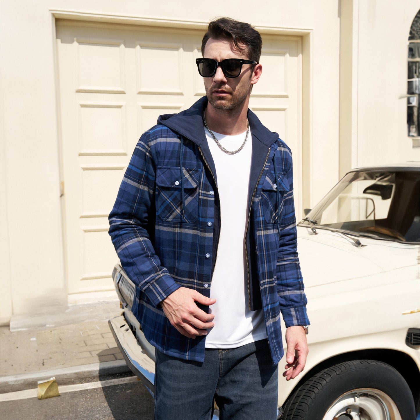 Men's Flannel Jacket with Removable Hood & 5 Pockets