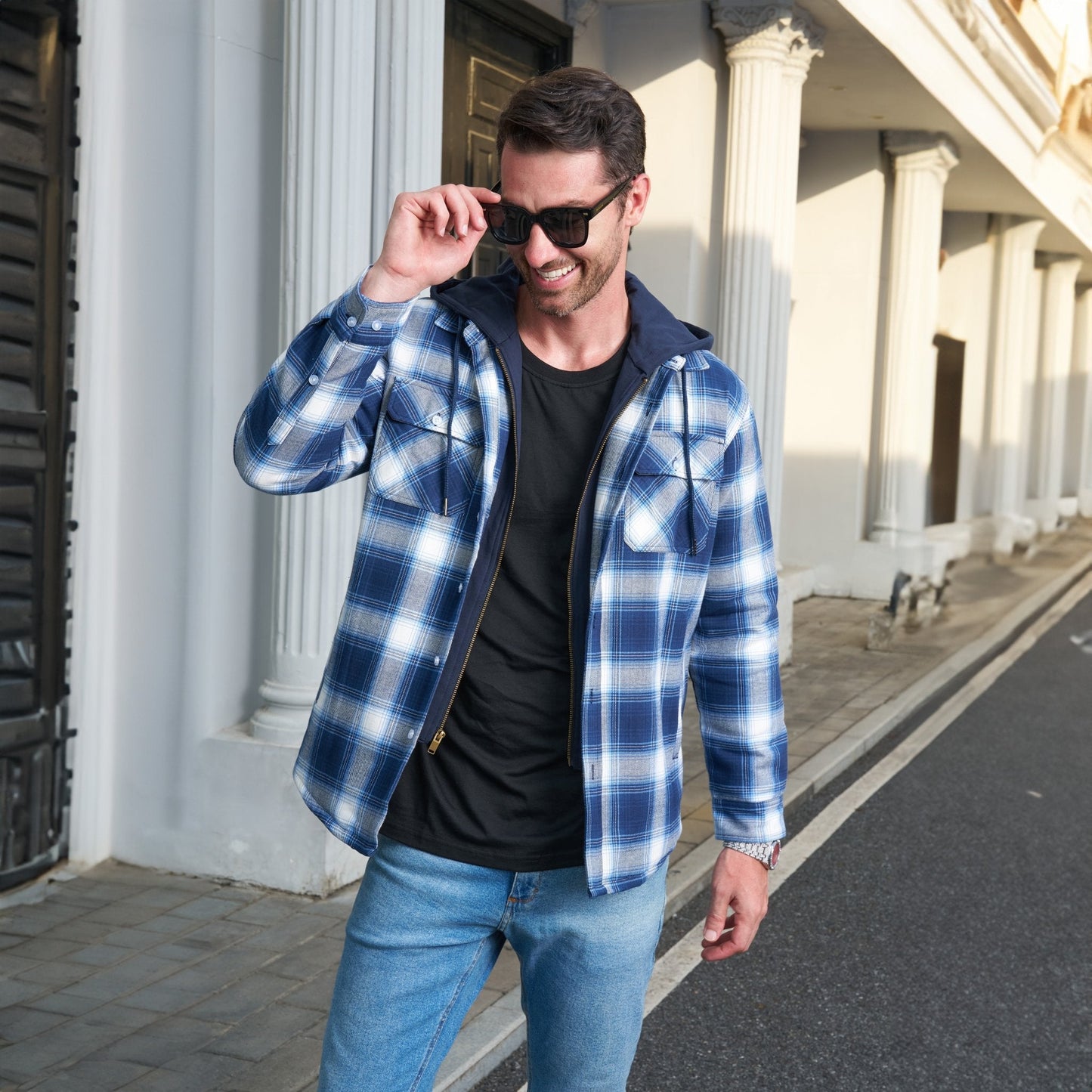 Men's Flannel Jacket with Removable Hood & 5 Pockets